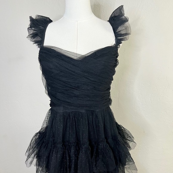 Lulus Black Swiss Dot Tiered Tulle Mesh Maxi Dress Ruffle Sweetheart Gown New L - Picture 2 of 11